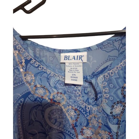 Blair 3/4 Bell Sleeve Blouse Paisly Print With Sequences Size 2XL Blue 28" L - Picture 5 of 6